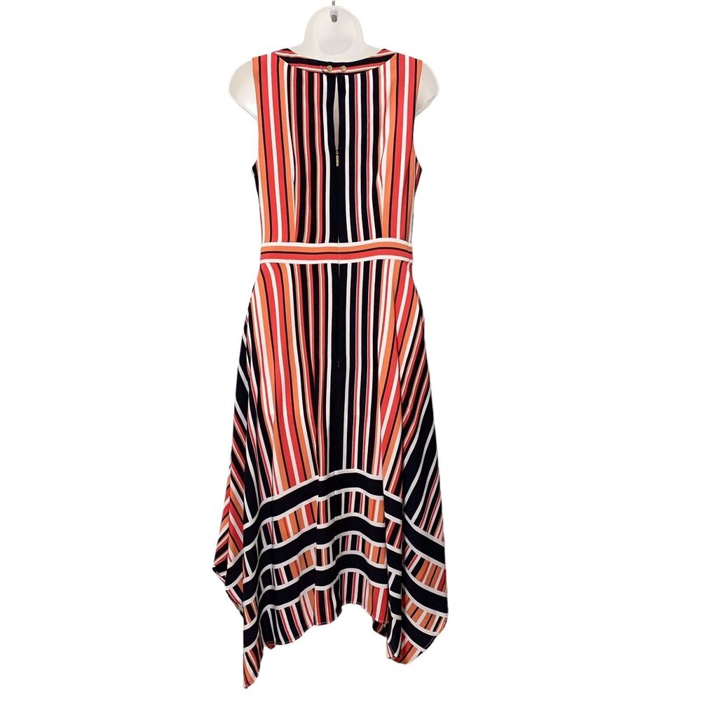 Karl Lagerfeld Size 4 Striped Asymmetrical Handkerchief Hem Dress Faux Wrap - Picture 4 of 14